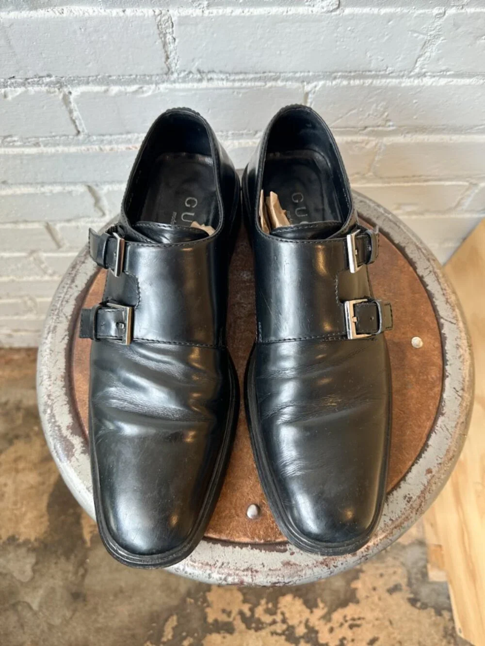 Gucci Men's Black Leather Double Monk Strap Dress Shoes Loafers - US Size 10